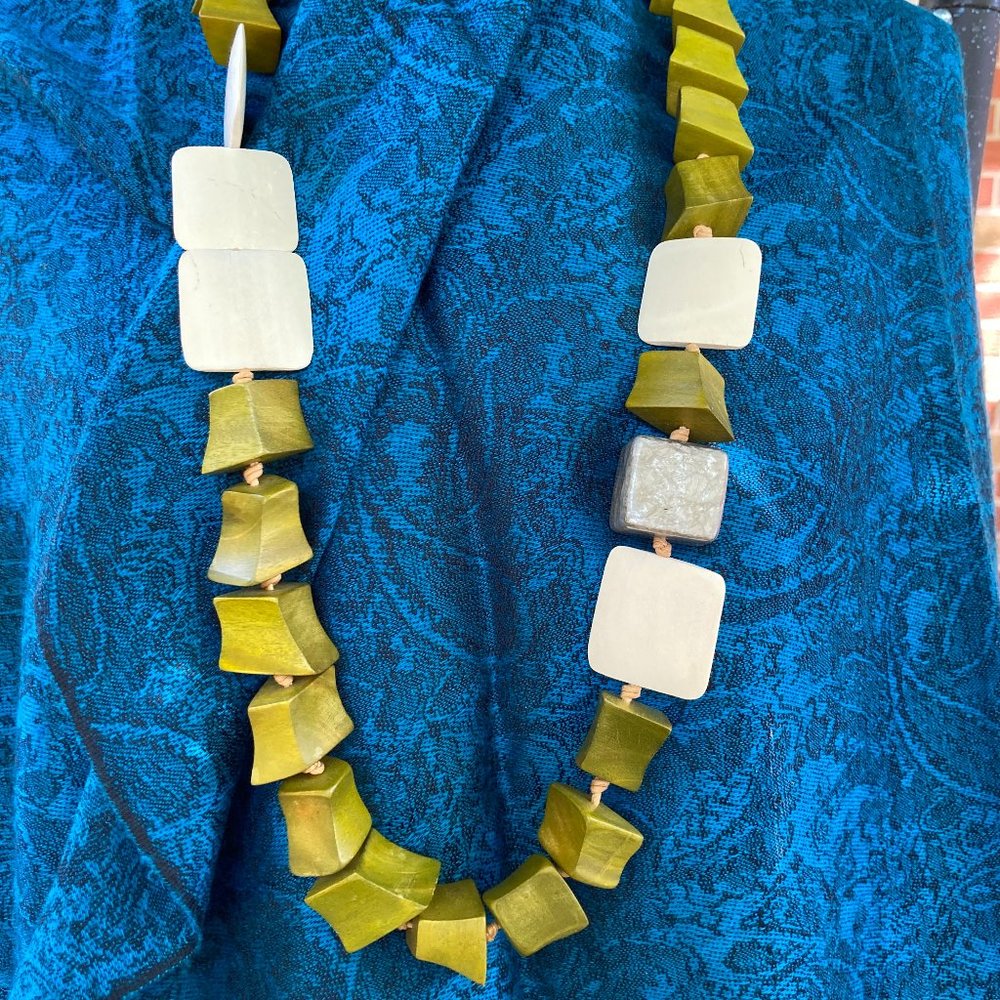 Large green and off-white wooden beads on cord necklace